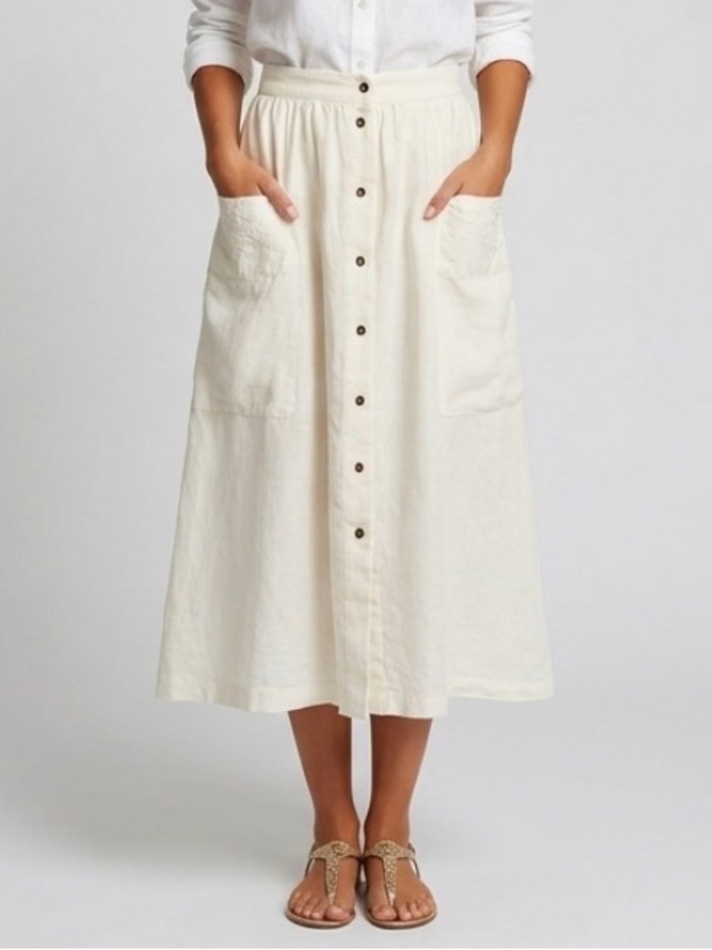 Tomas Maier Linen Midi Skirt Floral Embroidered Button Front Italy Ivory Cream 2